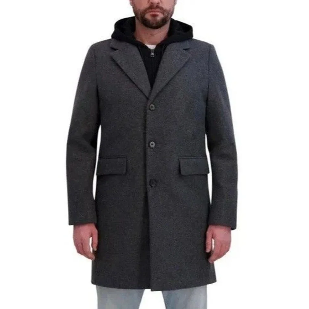 DKNY Men's Faux Wool 3 Button w/ Bib OverCoat Dark Gray Large NWT